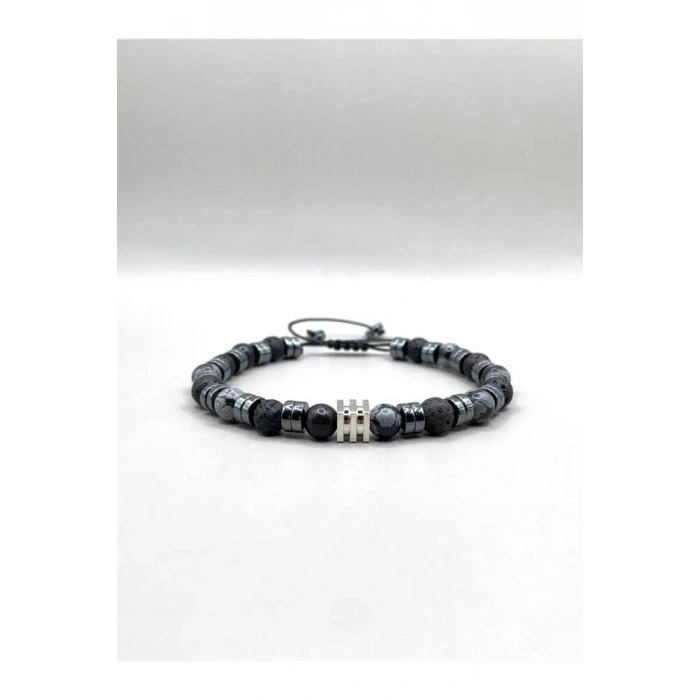 Erkek Bilekliği Karlı Obsidyen - Hematit - Lav Taşı Doğal Taş Hakiki Orijinal Sertifikalı Bileklik