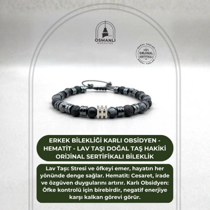 Erkek Bilekliği Karlı Obsidyen - Hematit - Lav Taşı Doğal Taş Hakiki Orijinal Sertifikalı Bileklik