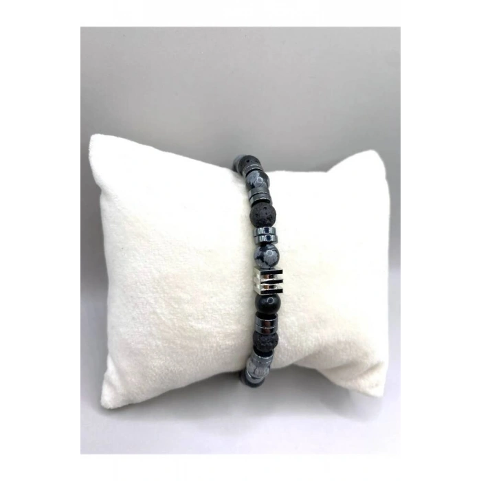 Erkek Bilekliği Karlı Obsidyen - Hematit - Lav Taşı Doğal Taş Hakiki Orijinal Sertifikalı Bileklik