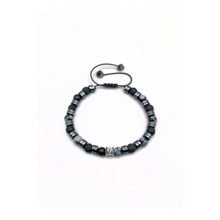 Erkek Bilekliği Karlı Obsidyen - Hematit - Lav Taşı Doğal Taş Hakiki Orijinal Sertifikalı Bileklik