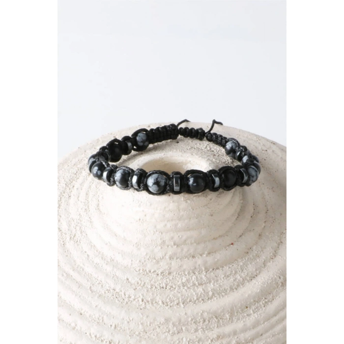 Erkek Bilekliği Orijinal Hakiki Sertifikalı Karlı Obsidyen - Hematit İpli Doğal Taş Bileklik 6mm