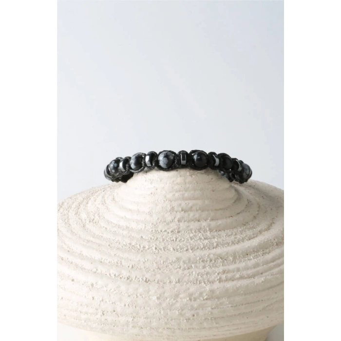Erkek Bilekliği Orijinal Hakiki Sertifikalı Karlı Obsidyen - Hematit İpli Doğal Taş Bileklik 6mm