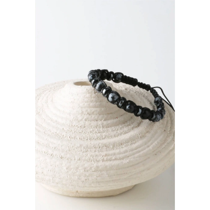 Erkek Bilekliği Orijinal Hakiki Sertifikalı Karlı Obsidyen - Hematit İpli Doğal Taş Bileklik 6mm