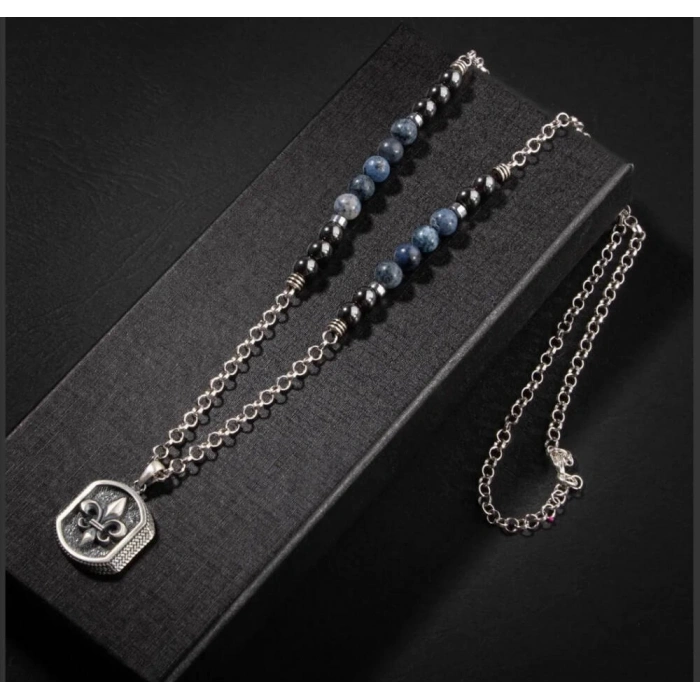 Erkek Kolyesi Dumortierit-hematit Doğal Taş Gümüş Tasarım Kolye