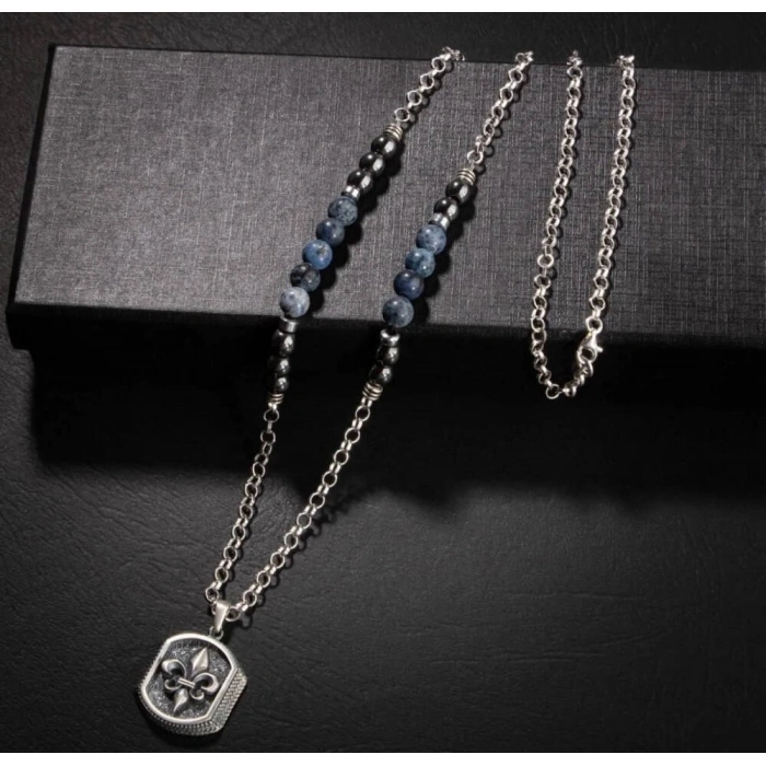 Erkek Kolyesi Dumortierit-hematit Doğal Taş Gümüş Tasarım Kolye