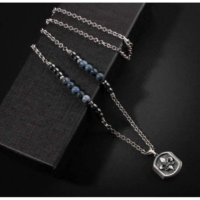 Erkek Kolyesi Dumortierit-hematit Doğal Taş Gümüş Tasarım Kolye
