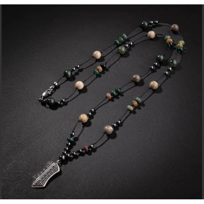 Erkek Kolyesi Fosil Mercan-Hint Akik-hematit Doğal Taş Gümüş Tasarım Kolye