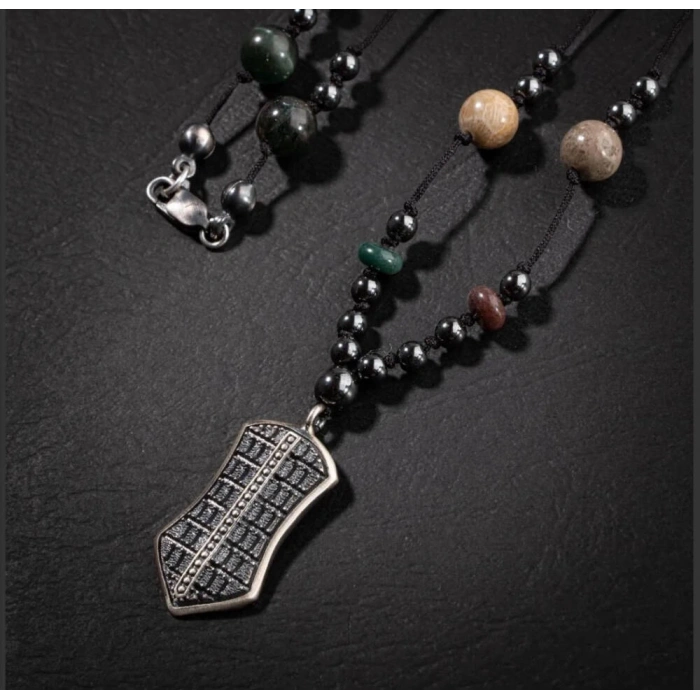 Erkek Kolyesi Fosil Mercan-Hint Akik-hematit Doğal Taş Gümüş Tasarım Kolye