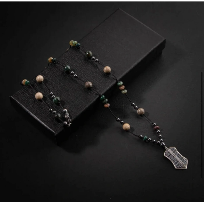 Erkek Kolyesi Fosil Mercan-Hint Akik-hematit Doğal Taş Gümüş Tasarım Kolye