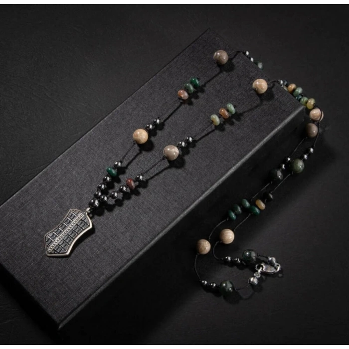 Erkek Kolyesi Fosil Mercan-Hint Akik-hematit Doğal Taş Gümüş Tasarım Kolye