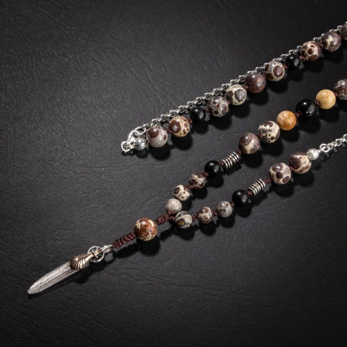 Erkek Kolyesi Fosil Mercan-Şungit-Meksika Jasper-Hematit Doğal Taş Gümüş Tasarım Kolye