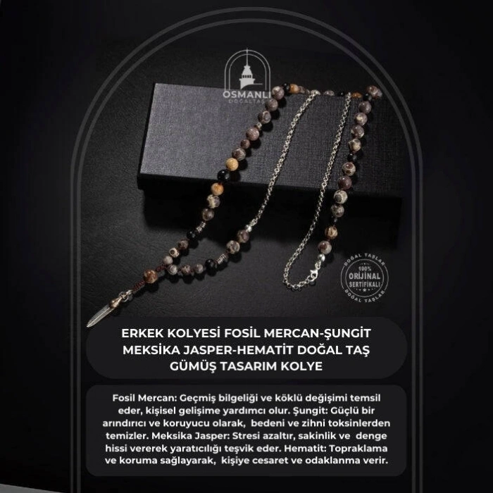 Erkek Kolyesi Fosil Mercan-Şungit-Meksika Jasper-Hematit Doğal Taş Gümüş Tasarım Kolye