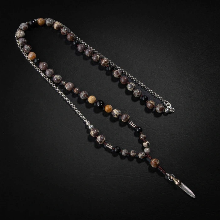 Erkek Kolyesi Fosil Mercan-Şungit-Meksika Jasper-Hematit Doğal Taş Gümüş Tasarım Kolye