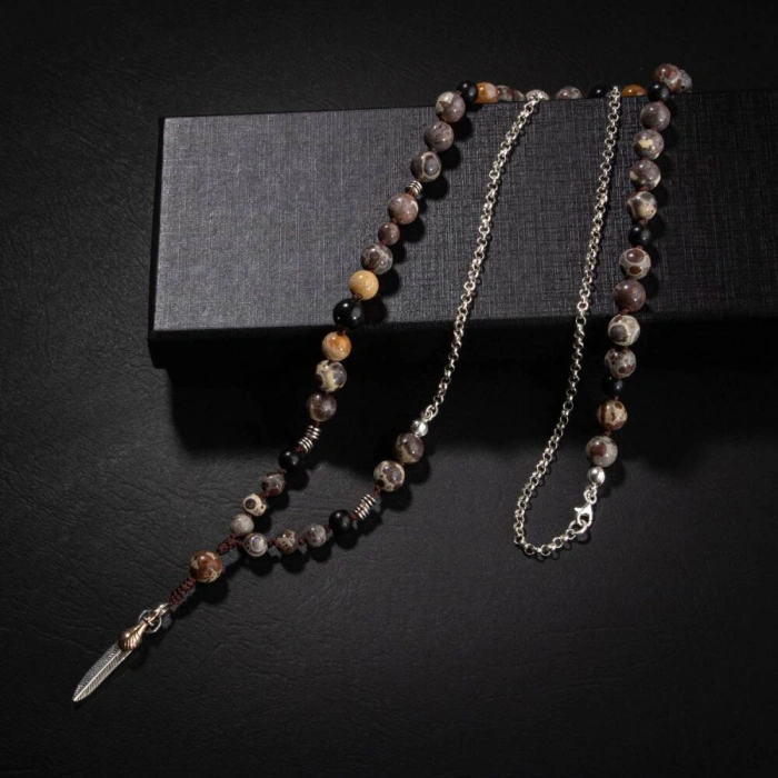 Erkek Kolyesi Fosil Mercan-Şungit-Meksika Jasper-Hematit Doğal Taş Gümüş Tasarım Kolye