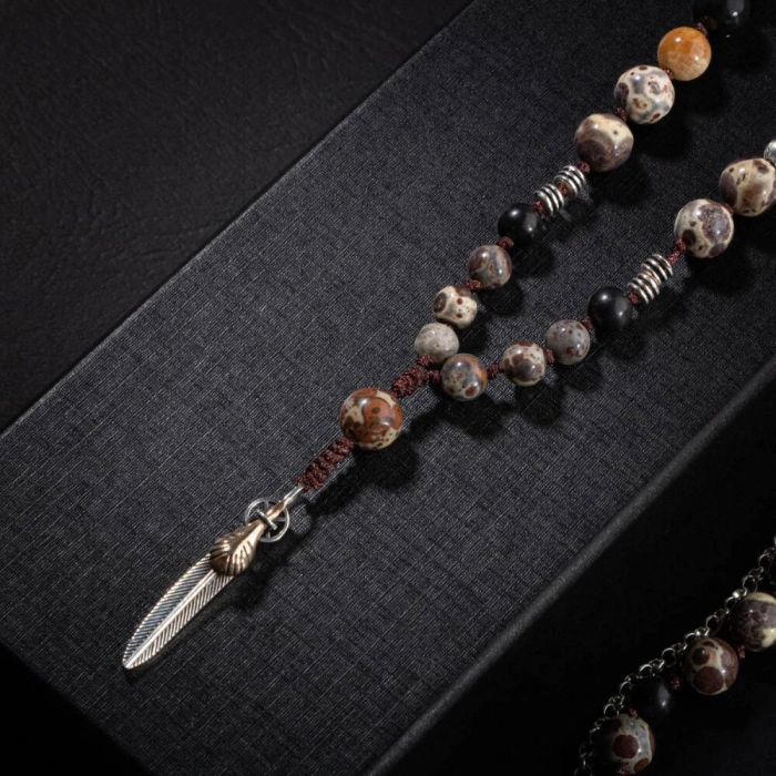 Erkek Kolyesi Fosil Mercan-Şungit-Meksika Jasper-Hematit Doğal Taş Gümüş Tasarım Kolye