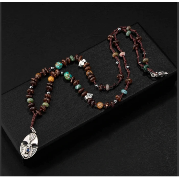 Erkek Kolyesi Hindistan Cevizi Kabuğu-turkuaz-kaplan Gözü-hint Akik-hematit Doğal Taş Gümüş Tasarım Kolye