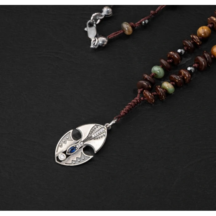 Erkek Kolyesi Hindistan Cevizi Kabuğu-turkuaz-kaplan Gözü-hint Akik-hematit Doğal Taş Gümüş Tasarım Kolye