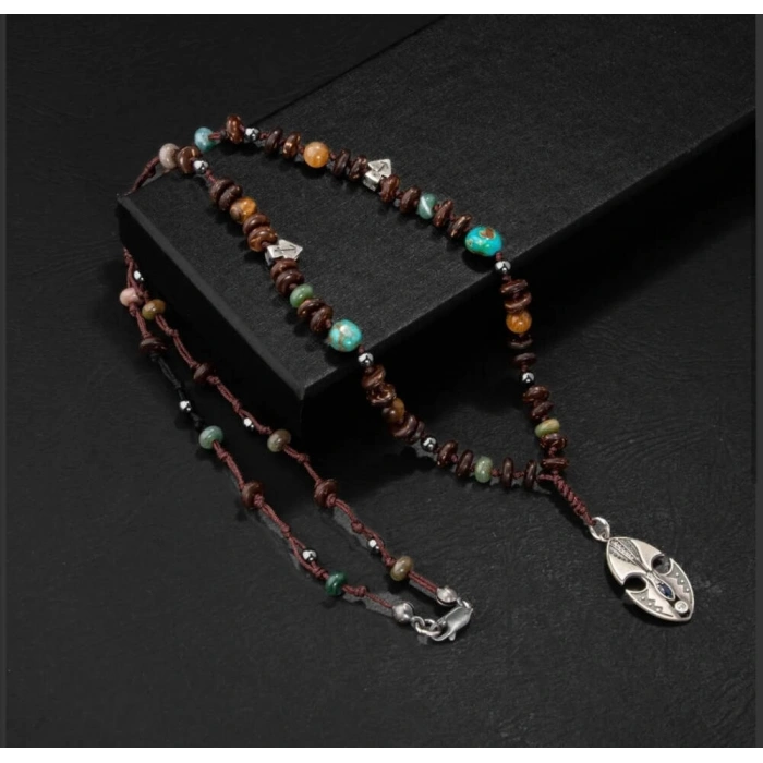 Erkek Kolyesi Hindistan Cevizi Kabuğu-turkuaz-kaplan Gözü-hint Akik-hematit Doğal Taş Gümüş Tasarım Kolye