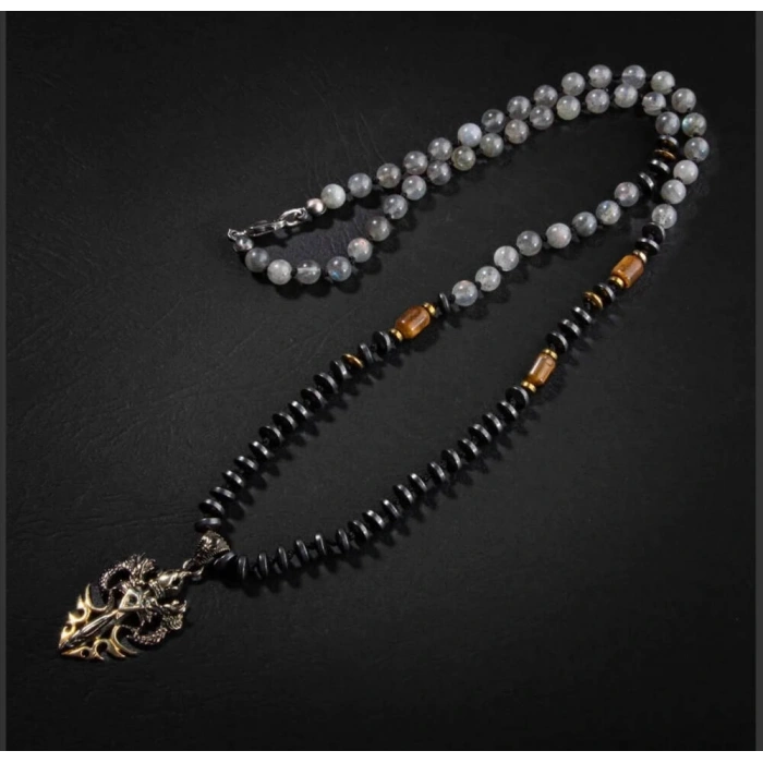 Erkek Kolyesi Labradorit-kaplan Gözü-hematit Doğal Taş Gümüş Tasarım Kolye