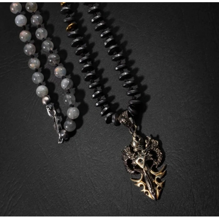 Erkek Kolyesi Labradorit-kaplan Gözü-hematit Doğal Taş Gümüş Tasarım Kolye