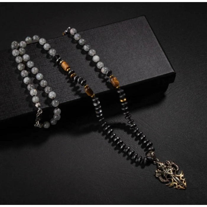 Erkek Kolyesi Labradorit-kaplan Gözü-hematit Doğal Taş Gümüş Tasarım Kolye