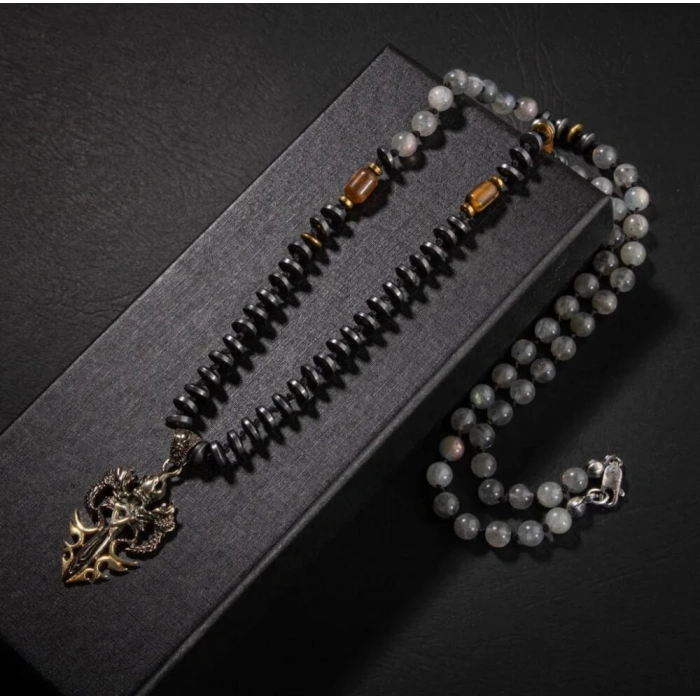 Erkek Kolyesi Labradorit-kaplan Gözü-hematit Doğal Taş Gümüş Tasarım Kolye