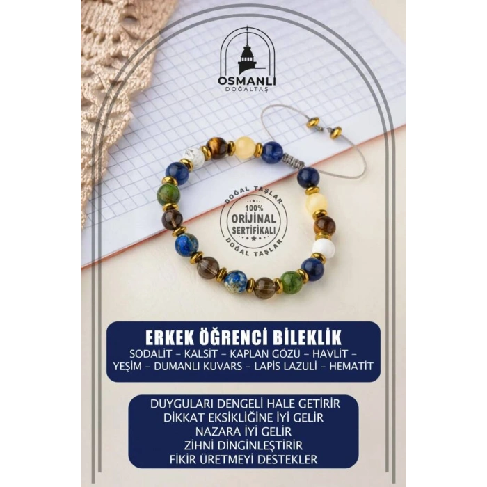 Erkek Öğrenci Doğal Taş Bileklik-Sodalit-Kalsit-Kaplan Gözü-Havlit-Yeşim-Dumanlı Kuvars-Lapis Lazuli-Hematit