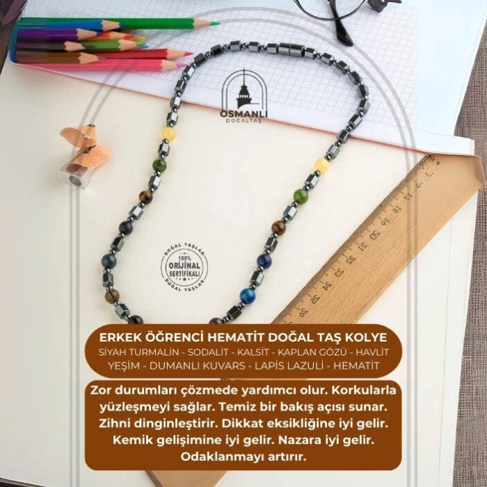 Erkek Öğrenci Hematit Doğal Taş Kolye