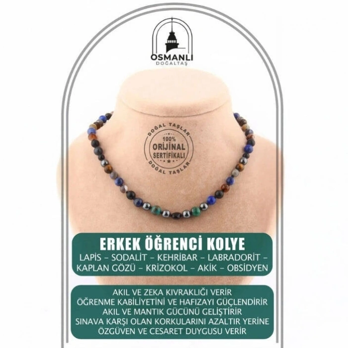 Erkek Öğrenci Kolye- Lapis, Sodalit, Kehribar, Labradorit, Kaplan Gözü, Krizokol, Akik, Obsidyen