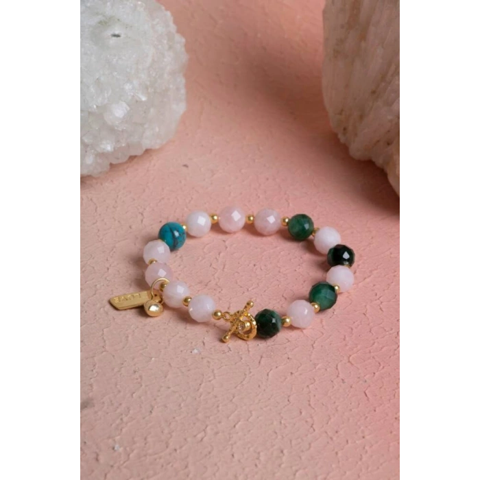 Fasetli Zümrüt & Pembe Kuvars & Firuze  Gümüş Aparatlı Bileklik SK:040