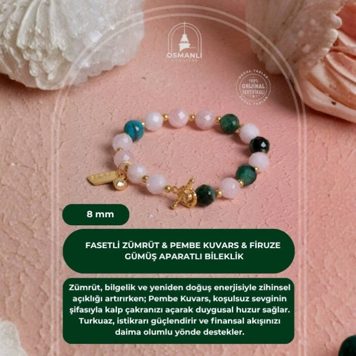 Fasetli Zümrüt & Pembe Kuvars & Firuze  Gümüş Aparatlı Bileklik SK:040