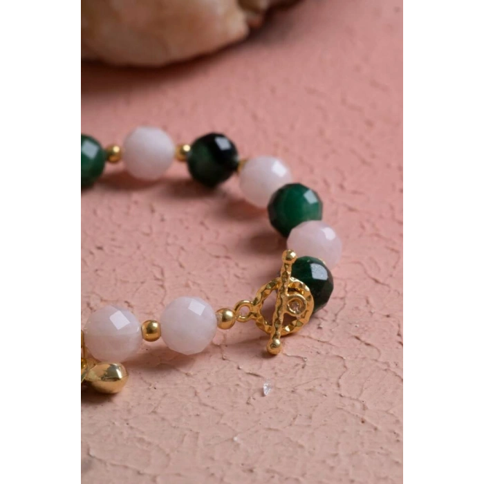 Fasetli Zümrüt & Pembe Kuvars & Firuze  Gümüş Aparatlı Bileklik SK:040