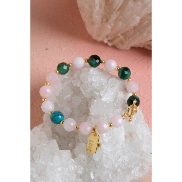 Fasetli Zümrüt & Pembe Kuvars & Firuze  Gümüş Aparatlı Bileklik SK:040
