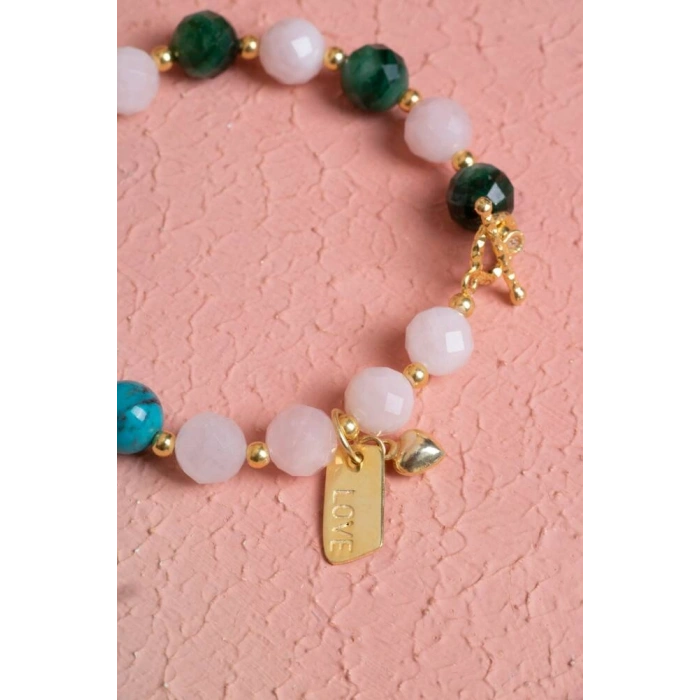 Fasetli Zümrüt & Pembe Kuvars & Firuze  Gümüş Aparatlı Bileklik SK:040