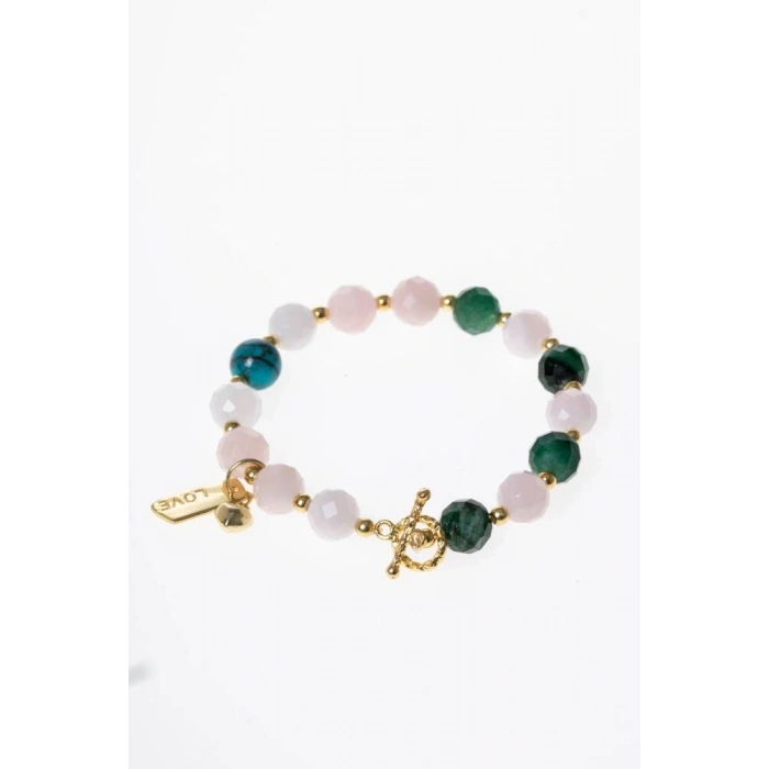 Fasetli Zümrüt & Pembe Kuvars & Firuze  Gümüş Aparatlı Bileklik SK:040