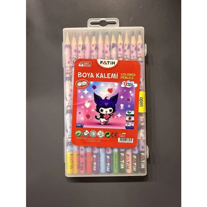 Fatih Kuromi Plastik Kutu Kuru Boya Kalemi 12 Renk Tam Boy