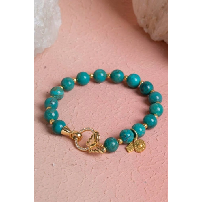 Firuze ( Turkuaz ) & Kelebek Motifli Gümüş Kapama Bileklik SK:041