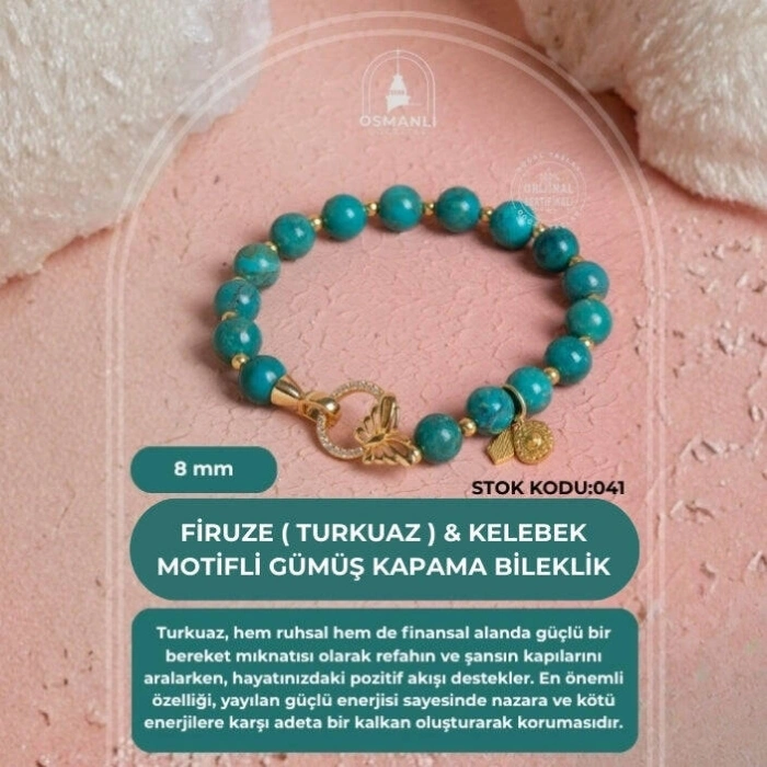 Firuze ( Turkuaz ) & Kelebek Motifli Gümüş Kapama Bileklik SK:041