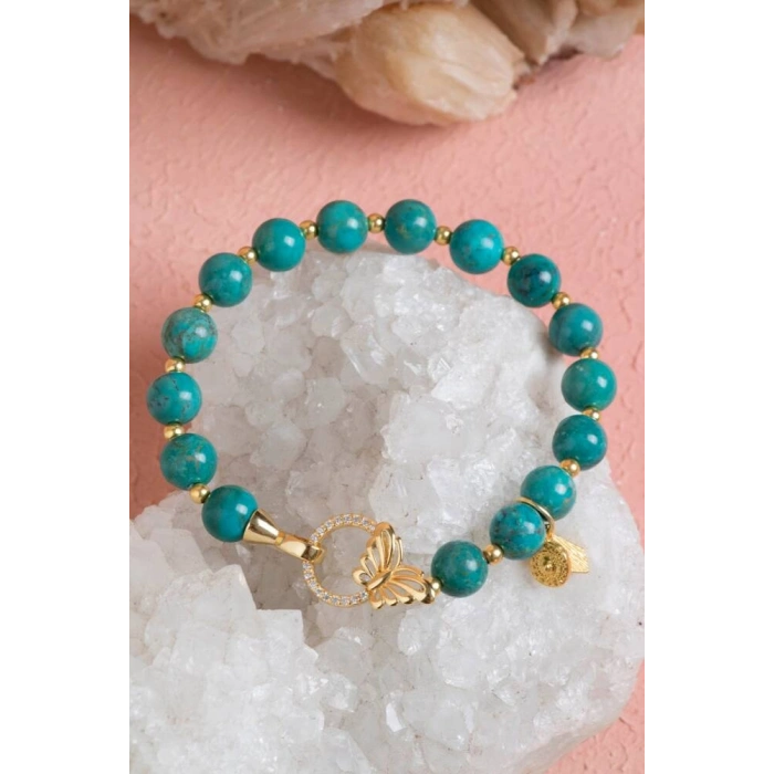 Firuze ( Turkuaz ) & Kelebek Motifli Gümüş Kapama Bileklik SK:041