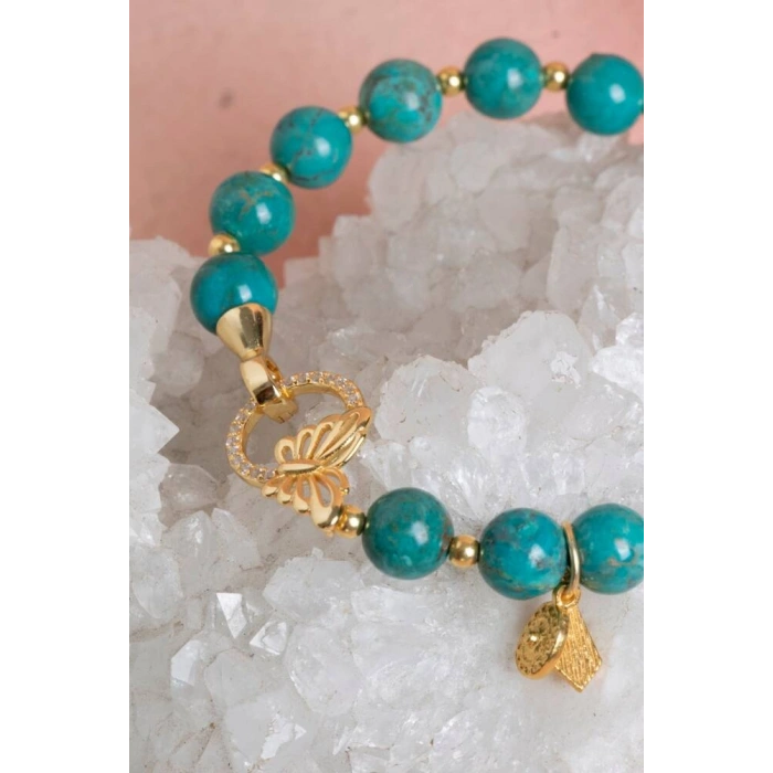 Firuze ( Turkuaz ) & Kelebek Motifli Gümüş Kapama Bileklik SK:041