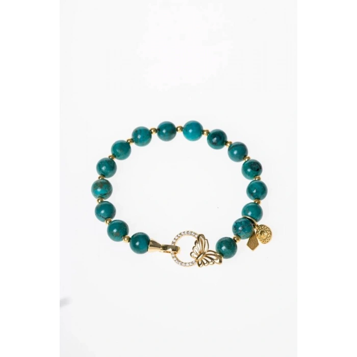 Firuze ( Turkuaz ) & Kelebek Motifli Gümüş Kapama Bileklik SK:041