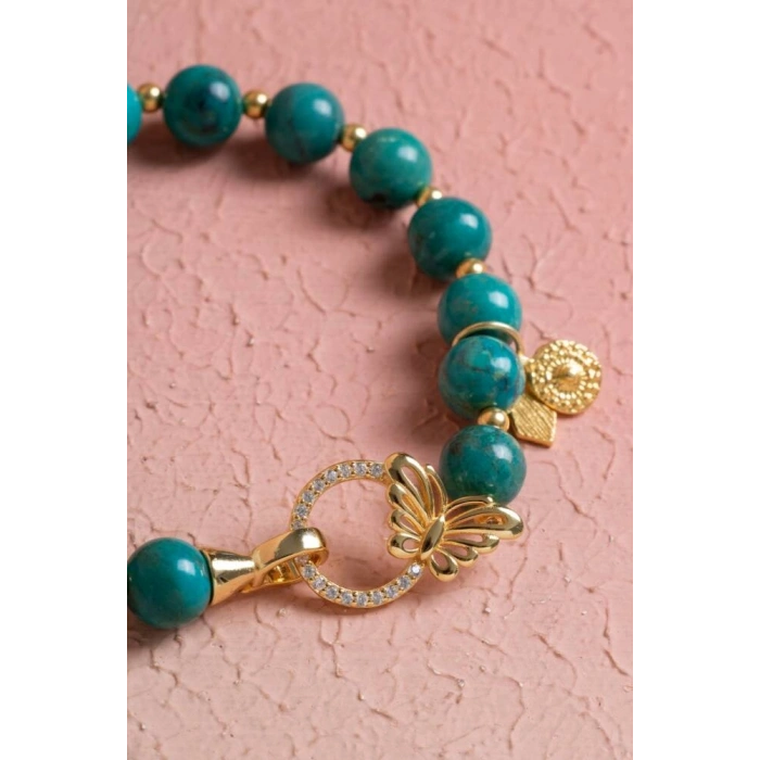 Firuze ( Turkuaz ) & Kelebek Motifli Gümüş Kapama Bileklik SK:041
