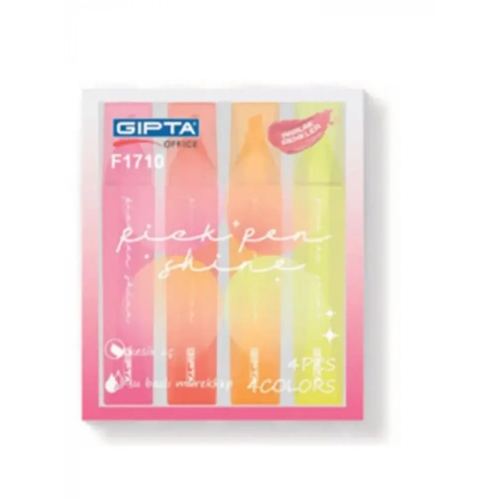 Gıpta Pick Pen Shine Fosforlu Markör 4 Lü Kalem Seti Sarı Pembe Turuncu Kırmızı