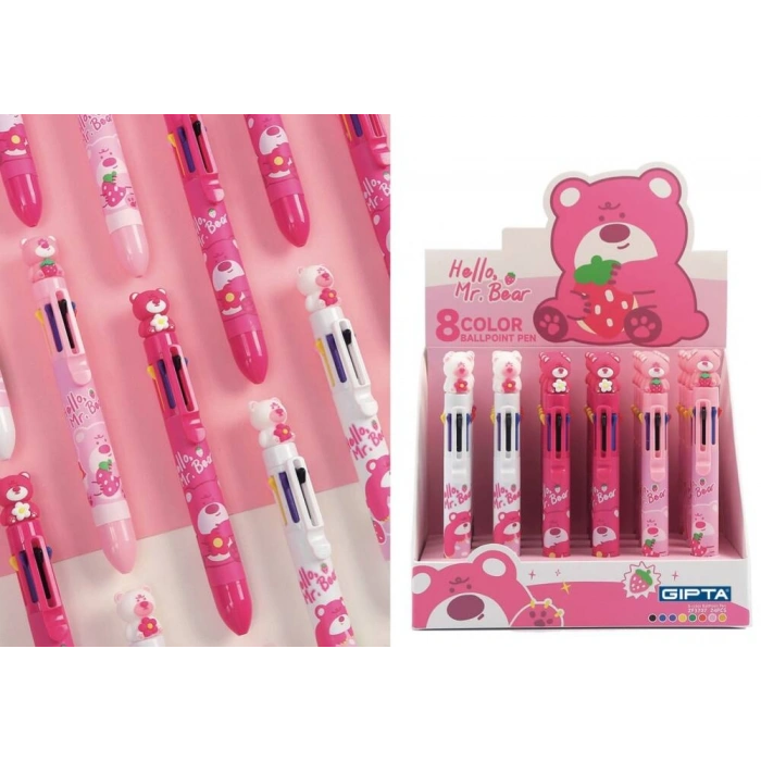 Gıpta Pink Bear Jel Tükenmez Kalem 8 Renk Birarada