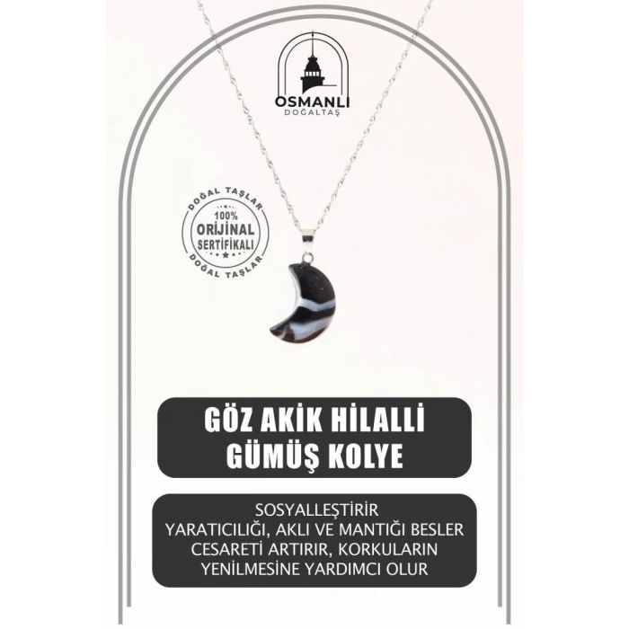 Göz Akik Doğal Taş Hilalli Kolye, Gümüş Zincir