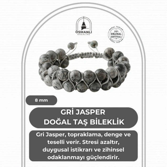 Gri Jasper 8mm Çift Sıra Makrome Doğal Taş Bileklik
