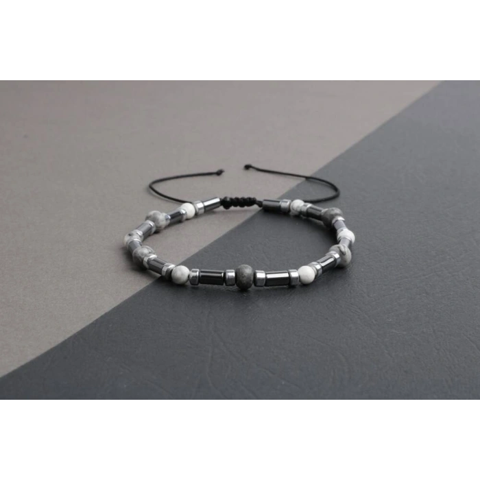 Gri Jasper-Hematit-Havlit Doğal Taş Bileklik