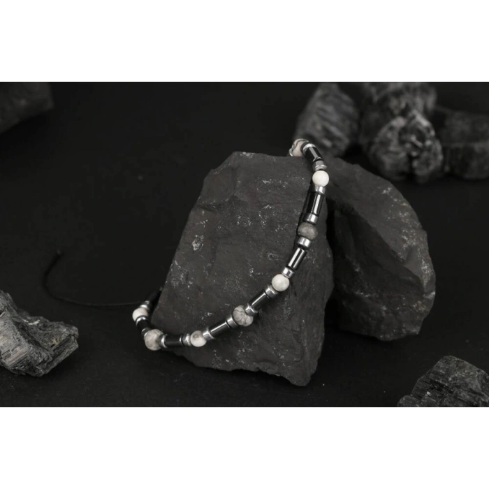 Gri Jasper-Hematit-Havlit Doğal Taş Bileklik