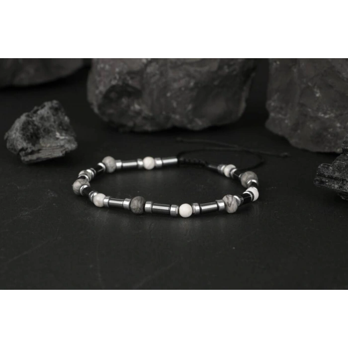 Gri Jasper-Hematit-Havlit Doğal Taş Bileklik