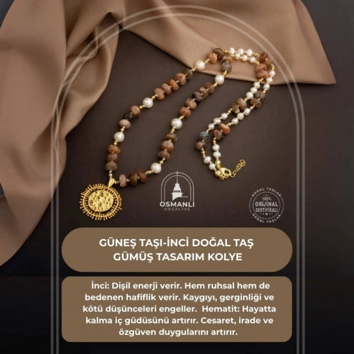 Güneş Taşı-İnci Doğal Taş Gümüş Tasarım Kolye - 60cm